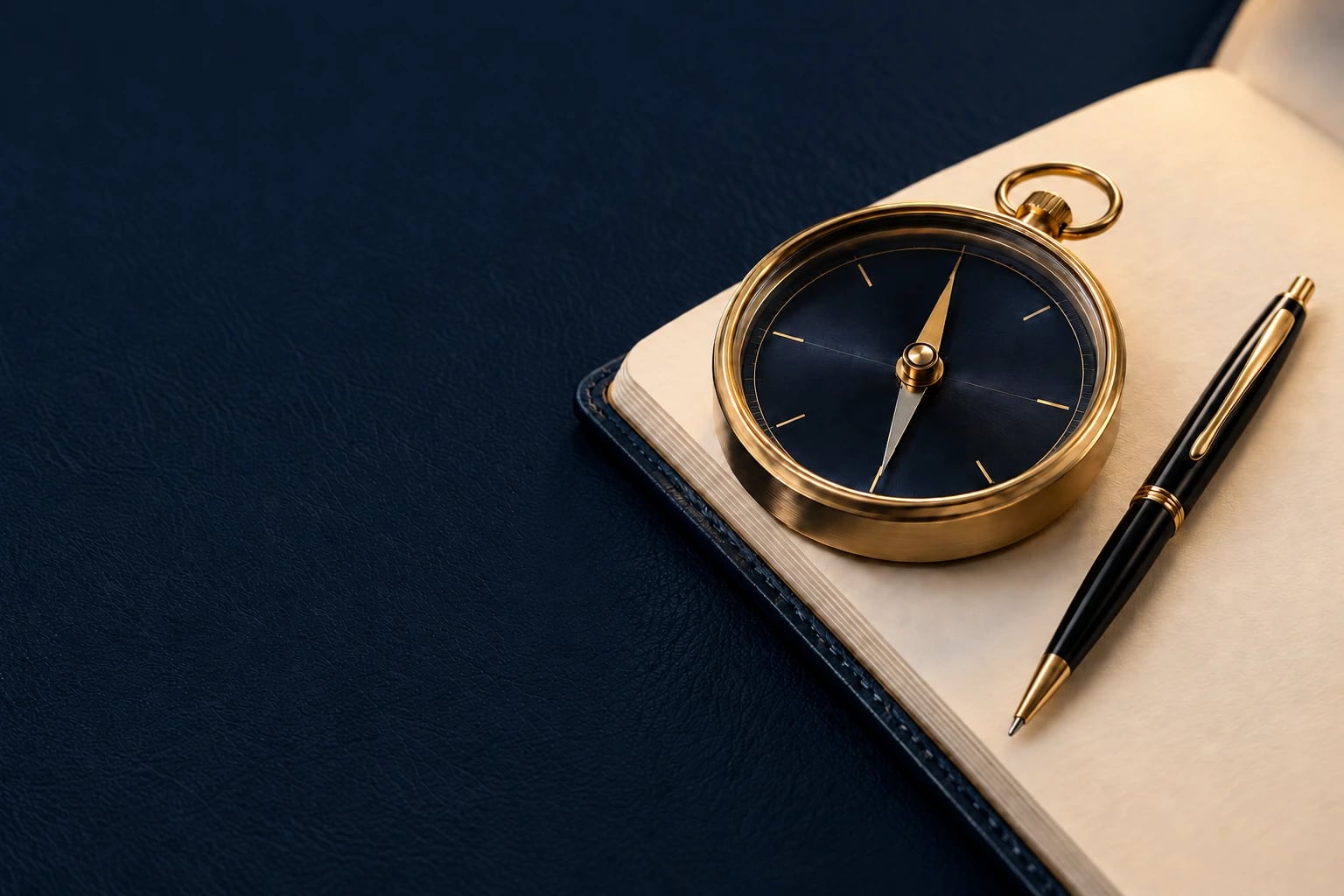 A gold compass and a pen resting on an open notebook